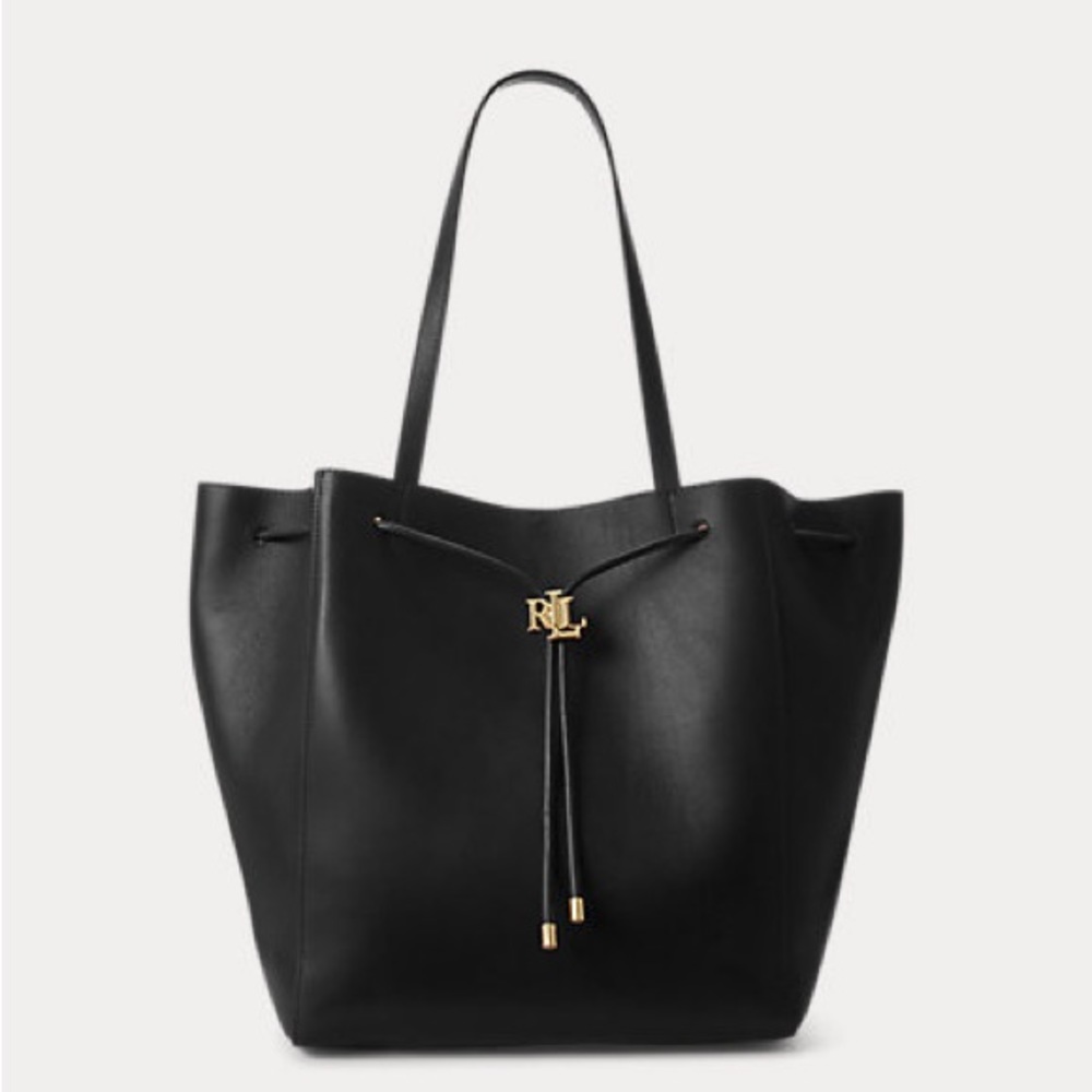 NWOT Lauren Ralph Lauren Black Drawstring Leather Andie Tote Bag